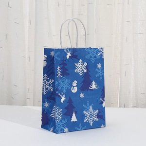 Blue Christmas paper gift bag with white snowmen, reindeer and snowflake prints