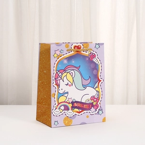 Unicorn cartoon gift bag with golden glitter side and sweet rainbow print