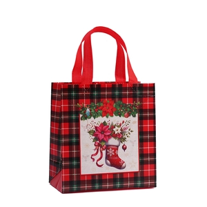 Christmas non-woven gift bag with red plaid pattern and festive poinsettia print