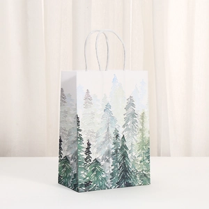 Detail view of the twisted rope handle on a pine tree printed kraft paper gift bag