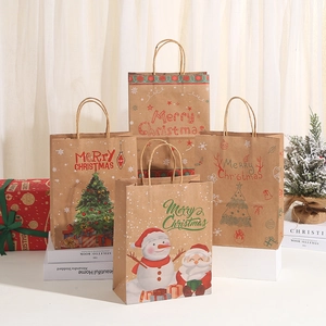 Christmas Kraft Paper Gift Bag With Handles Eco Friendly Merry Christmas Print Holiday Party Favor Bag For Xmas Presents