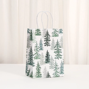 White kraft paper gift bag featuring elegant pine tree prints with white twisted handles