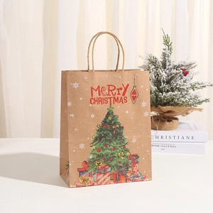 Brown kraft paper Christmas gift bag with festive tree print and red Merry Christmas text