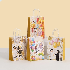 Sacs Cadeaux en Papier Kraft Eid Ramadan Mubarak Avec Poignées Imprimé Personnages Traditionnels Sacs de Fête pour Fournitures de Festival