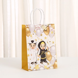 Sac cadeau en kraft fête de la lune avec motifs enfants et accents dorés latéraux