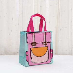 Light blue 2D cartoon style non-woven shopping bag with pink backpack print and handles