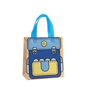 Cartoon printed non-woven tote bag with schoolbag pattern and blue handles on beige base