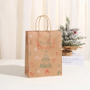 Brown kraft paper Christmas gift bag with Merry Christmas text and festive icons