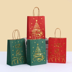 Merry Christmas Kraft Paper Gift Bag Gold Stamping Reindeer Snowflake Christmas Tree Handheld Holiday Party Favors Packing Bag
