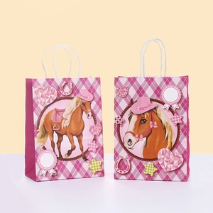 Pink Plaid Kraft Paper Gift Bags With Cartoon Horse And Cowboy Hat Patterns Birthday Party Candy Treat Bags For Kids Gift Wrapping