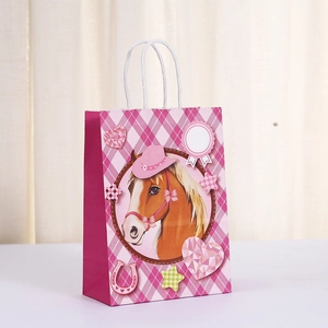 Pink kraft paper gift bag with horse illustration and pink checkered pattern background