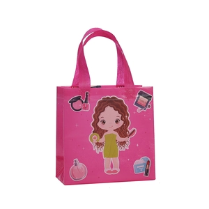 Pink non-woven gift bag with beauty girl cartoon and makeup theme print for shopping