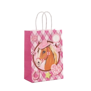 Pink horse theme gift bag with checkered pattern and white twisted rope handles for parties