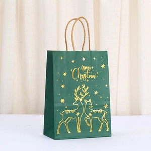 Dark green kraft Christmas gift bag with golden reindeer and Merry Christmas hot stamping