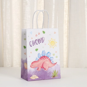 Sac cadeau en papier kraft imprimé dinosaure avec poignées en corde blanche pour fête
