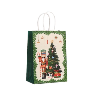 Christmas nutcracker kraft paper gift bag with pine branches and holiday patterns