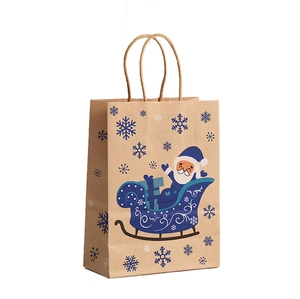 Blue Christmas kraft paper gift bag with Santa Claus sleigh print and twisted rope handles