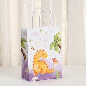 Sac cadeau en papier kraft avec imprimé dinosaure, poignées en corde et motifs colorés