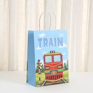 Bolsa de regalo azul de papel kraft con diseño de tren animado para fiestas infantiles