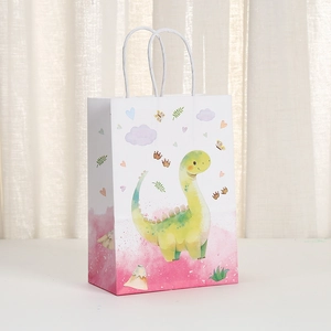Sac cadeau en papier kraft avec motif dinosaure dessin animé et aquarelle rose délicate