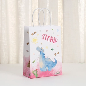 Sac cadeau dinosaure de dessin animé avec illustration bleue et lettrage rose STOMP