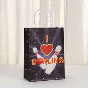 Detail of purple kraft paper gift bag with I Love Bowling print and twisted handles
