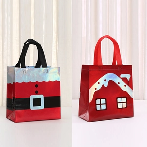 Rote Weihnachts-Geschenktaschen aus Vliesstoff mit Weihnachtsmann- und Hausmotiven