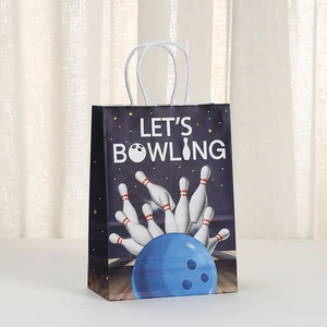 Detail of Let's Bowling kraft paper gift bag with white paper rope handles