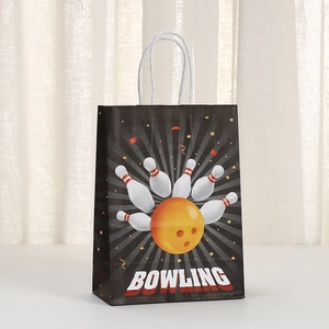 Black bowling theme paper gift bag with white rope handle and bowling ball graphics