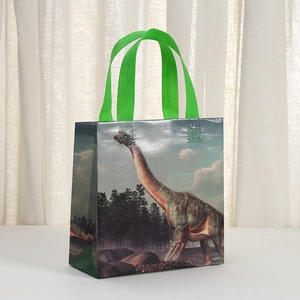 Bolsa de regalo impermeable de tela no tejida con estampado de dinosaurios y asas verdes