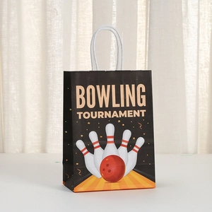 Black paper gift bag with bowling tournament print and durable white rope handles