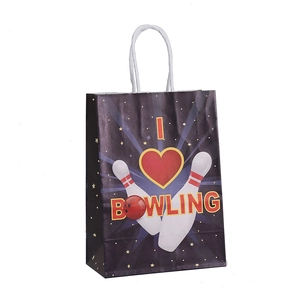 Bowling themed gift paper bag with I Love Bowling print and white twisted rope handles