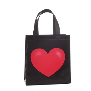 Black non-woven gift bag with a vibrant red heart print for Valentine's shopping