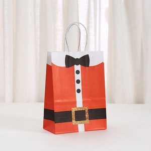 Christmas gift bag with Santa Claus suit print, white rope handles and festive belt design