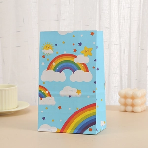 Pastel blue rainbow kraft paper gift bag with smiling sun and cloud cartoon patterns