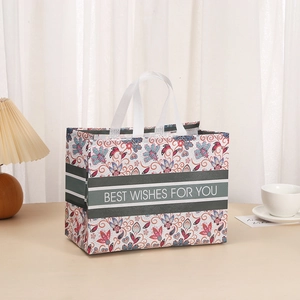 Waterproof non-woven gift bag with floral print and Best Wishes For You message