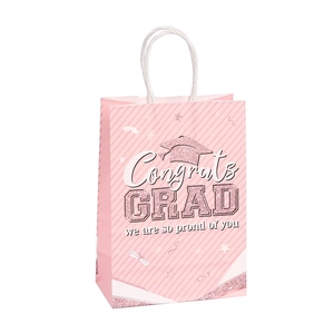 Pink graduation gift bag with Congrats GRAD print and white rope handles for party favors