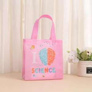Detail of pink non-woven science tote bag with lab icons and creative brain print