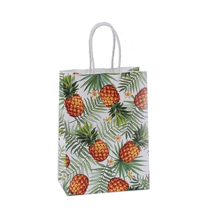 Bolsa de regalo de papel kraft con estampado de piña tropical y asas redondas blancas