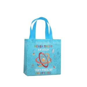 Blue non-woven gift bag with science theme print and Never Trust an Atom slogan