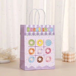 Purple donut shop kraft paper gift bag with colorful prints and white rope handles