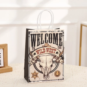 Western cowboy gift bag with bull skull and sheriff star print for parties