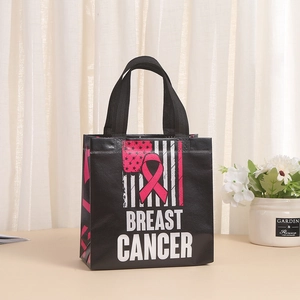 Sac shopping en tissu non tissé noir avec imprimé ruban rose contre le cancer du sein