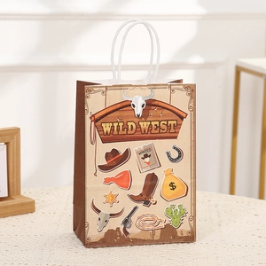 Detail of Wild West themed kraft paper gift bag with cowboy illustrations and white handle