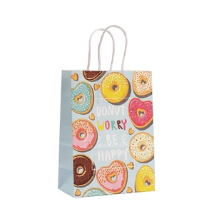 Light blue donut printed kraft paper gift bag with Donut Worry Be Happy slogan