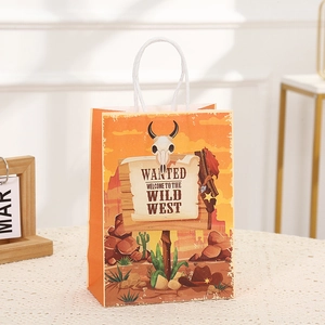 Western wild west theme orange kraft paper gift bag with cowboy print and white handles