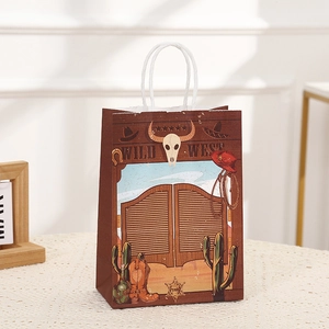 Wild West themed brown kraft paper gift bag with cowboy illustrations and sturdy white handles