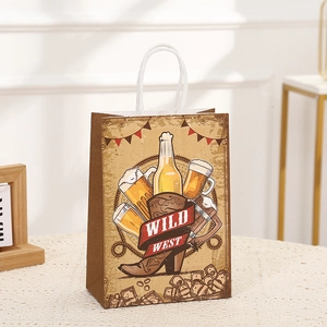 Wild West themed kraft paper gift bag with horse boots print and white rope handles