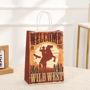 Retro Wild West kraft paper gift bag with cowboy horse illustration and white handles