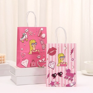 Bolsa de Regalo de Papel Kraft Rosa Estilo Y2K Con Asa Estampado de Niña de Dibujos Animados Para Fiesta Cumpleaños Bolsa de Regalo Para Niñas